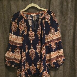Bohemian Floral Women's Blouse - Navy and Orange